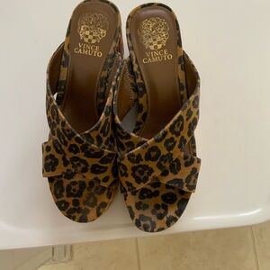 Vince Camuto Brown and Black Mules with Leopard Print